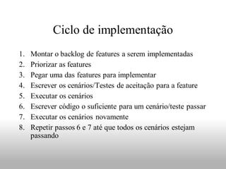 Ciclo de implementação
1.   Montar o backlog de features a serem implementadas
2.   Priorizar as features
3.   Pegar uma das features para implementar
4.   Escrever os cenários/Testes de aceitação para a feature
5.   Executar os cenários
6.   Escrever código o suficiente para um cenário/teste passar
7.   Executar os cenários novamente
8.   Repetir passos 6 e 7 até que todos os cenários estejam
     passando
 