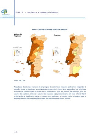 (D)PP 5 - Ambiente e Desenvolvimento
16
DEPARTAMENTO DE
PROSPECTIVA E PLANEAMENTO
E RELAÇÕES INTERNACIONAIS
MAPA 1 – LOCALIZAÇÃO REGIONAL DO SECTOR “AMBIENTE”
Fonte: INE - FUE
Através da distribuição regional do emprego e do volume de negócios poderemos responder à
questão “onde se localizam as actividades ambientais”. Como seria expectável, as principais
manchas de concentração localizam-se na faixa litoral, quer em termos de emprego quer do
volume de negócios, embora o volume de negócios seja preponderante em toda a faixa litoral
projectando-se igualmente para o interior, em particular o interior norte, enquanto que o
emprego se concentra nas regiões litorais em detrimento de todo o interior.
Emprego
Legenda
Emprego
< 100
10 - 500
500 - 1000
1000 - 10000
> 10000
TAMEGA
SERRA DA ESTRELA
PINHAL LITORAL PINHAL INTERIOR SUL
PINHAL INTERIOR NORTE
PENINSULA DE SETUBAL
OESTE
MINHO-LIMA
MEDIO TEJO
MADEIRA
LEZÍRIA DO TEJO
GRANDE PORTO
GRANDE LISBOA
ENTRE DOURO E VOUGA
DOURO
DAO-LAFOES
COVA DA BEIRA
CAVADO
BEIRA INTERIOR SUL
BEIRA INTERIOR NORTE
BAIXO VOUGA
BAIXO MONDEGO
BAIXO ALENTEJO
AVE
ALTO TRAS-OS-MONTES
ALTO ALENTEJO
ALGARVE
ALENTEJO LITORAL
ALENTEJO CENTRAL
ACORES
Volume de
Negócios
Legenda
Volume de Neg. (x 1000)
< 1500
1500 - 7000
7000 - 40000
40000 - 200000
> 200000
TAMEGA
SERRA DA ESTRELA
PINHAL LITORAL PINHAL INTERIOR SUL
PINHAL INTERIOR NORTE
PENINSULA DE SETUBAL
OESTE
MINHO-LIMA
MEDIO TEJO
MADEIRA
LEZÍRIA DO TEJO
GRANDE PORTO
GRANDE LISBOA
ENTRE DOURO E VOUGA
DOURO
DAO-LAFOES
COVA DA BEIRA
CAVADO
BEIRA INTERIOR SUL
BEIRA INTERIOR NORTE
BAIXO VOUGA
BAIXO MONDEGO
BAIXO ALENTEJO
AVE
ALTO TRAS-OS-MONTES
ALTO ALENTEJO
ALGARVE
ALENTEJO LITORAL
ALENTEJO CENTRAL
ACORES
 