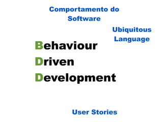 Comportamento do
    Software
                Ubiquitous
                Language
Behaviour
Driven
Development

      User Stories
 