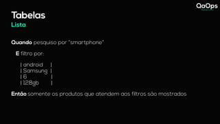 Tabelas
Quando pesquiso por “smartphone”
E filtro por:
| android |
| Samsung |
| 6 |
| 128gb |
Então somente os produtos que atendem aos filtros são mostrados
Lista
 