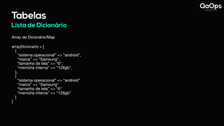 Array de Dicionário/Map

arrayDicionario = [ 
{ 
“sistema operacional” => “android”, 
“marca” => “Samsung", 
“tamanho de tela” => “6", 
“memória interna” => “128gb", 
}, 
{ 
“sistema operacional” => “android”  
“marca” => "Samsung" 
“tamanho de tela” => "6" 
“memória interna” => "128gb" 
} 
]

Tabelas
Lista de Dicionário
 