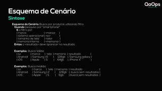 Sintaxe
Esquema de Cenário
Esquema do Cenário: Busca por produtos utilizando filtro
Quando pesquiso por "smartphone"
E o filtro por:
| marca | <marca> |
| sistema operacional | <so> |
| tamanho de tela | <tela> |
| memoria interna | <memoria> |
Entao o <resultado> deve aparecer no resultado
Exemplos: Busca Valida
| so | marca | tela | memoria | resultado |
| Android | Samsung | 6 | 128gb |. Samsung galaxy |
| iOS | Apple | 5 | 64gb |. iPhone X |
Exemplos: Busca invalida
| so | marca | tela | memoria | resultado |
| Android | Samsung | 2 | 128gb |. busca sem resultados |
| iOS | Apple | 5 | 6gb | busca sem resultados |
 