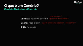 O que é um Cenário?
Dado que esteja no sistema
Quando faço o login
Então fui logado
Cenário Abstrato vs Concreto
quem entrou na página? era admin?
que sistema?
que local do sistema?
 