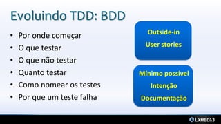 • Por onde começar
• O que testar
• O que não testar
• Quanto testar
• Como nomear os testes
• Por que um teste falha
Evoluindo TDD: BDD
Outside-in
User stories
Mínimo possível
Intenção
Documentação
 