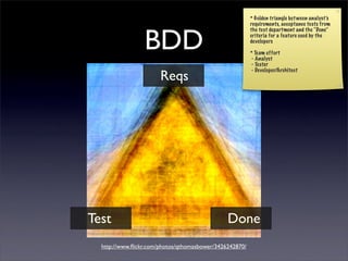 * Golden triangle bet ween analyst’s
                                                         requirements, acceptance tests from



                 BDD
                                                         the test department and the “Done”
                                                         criteria for a feature used by the
                                                         developers

                                                         * Team effort
                                                          - Analyst
                                                          - Tester

                       Reqs
                                                         - Developer/Architect




Test                                           Done
  http://www.ﬂickr.com/photos/qthomasbower/3426242870/
 