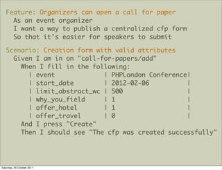 Feature: Organizers can open a call for paper
     As an event organizer
     I want a way to publish a centralized cfp form
     So that it’s easier for speakers to submit

   Scenario: Creation form with valid attributes
     Given I am in on "call-for-papers/add"
       When I fill in the following:
         | event             | PHPLondon Conference|
         | start_date        | 2012-02-06          |
         | limit_abstract_wc | 500                 |
         | why_you_field     | 1                   |
         | offer_hotel       | 1                   |
         | offer_travel      | 0                   |
       And I press "Create"
       Then I should see "The cfp was created successfully"




Saturday, 29 October 2011
 