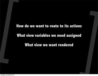 How do we want to route to its actions

                            What view variables we need assigned

                                What view we want rendered




Saturday, 29 October 2011
 