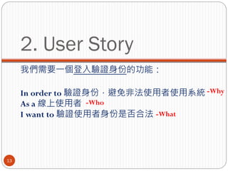 2. User Story
     我們需要一個登入驗證身份的功能：

     In order to 驗證身份，避免非法使用者使用系統 -Why
     As a 線上使用者 -Who
     I want to 驗證使用者身份是否合...
