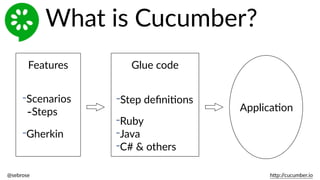 @sebrose                                                                                                                                                                                                                                                                                                                                                                h)p://cucumber.io
What  is  Cucumber?
Features
-Scenarios  
-­‐Steps
-Gherkin
Glue  code
-Step  deﬁniBons
-Ruby  
-Java  
-C#  &  others
ApplicaBon
 