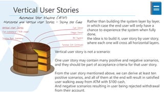 Rather than building the system layer by layer,
in which case the end user will only have a
chance to experience the system when fully
done,
the idea is to build it, user story by user story,
where each one will cross all horizontal layers.
Vertical user story is not a scenario:
One user story may contain many positive and negative scenarios,
and they should be part of acceptance criteria for that user story.
From the user story mentioned above, we can derive at least ten
positive scenarios, and all of them at the end will result in satisfied
user walking away from ATM with $100 cash,
And negative scenarios resulting in user being rejected withdrawal
from their account.
Vertical User Stories
 