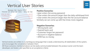 Positive Scenarios:
• User enters the wrong password
• User enters the amount larger than the daily withdrawal limit
• User enters the amount larger than the her account balance
Similarly we can come up with five times more negative
Vertical User Stories
Vertical stories are written in a unambiguous language that is easily understood by all stakeholders of the system,
and encourages the conversation between them.
All those scenarios mentioned above can be easily communicated between the product owner and the team
(developer and tester), and specified as an acceptance criteria
Negative Scenarios:
• Wrong bank card
• Expired bank card
• Customer forgot her password
• Account in negative balance
• ATM has no money
 