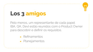 Los 3 amigos
Pelo menos, um representante de cada papel
(BA, QA, Dev) estão reunidos com o Product Owner
para descobrir e deﬁnir os requisitos.
● Reﬁnamentos
● Planejamentos
 