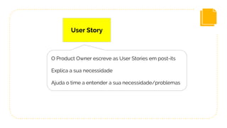 User Story
O Product Owner escreve as User Stories em post-its
Explica a sua necessidade
Ajuda o time a entender a sua necessidade/problemas
 