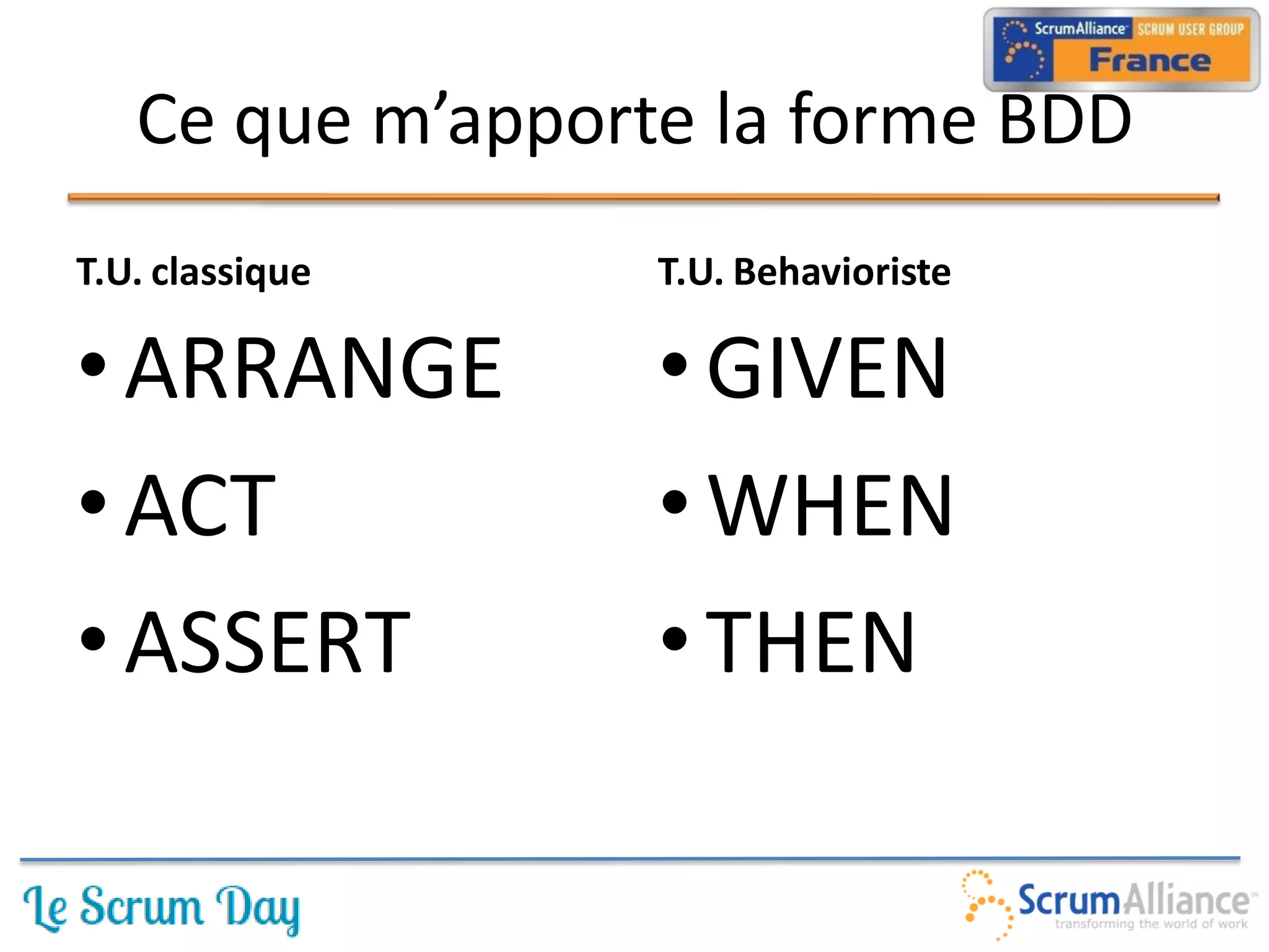Ce que m’apporte la forme BDD
T.U. classique    T.U. Behavioriste

• ARRANGE         • GIVEN
• ACT             • WHEN
• ASSERT          • THEN
 