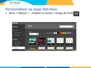 Personnaliser sa page Netvibes
• Menu « Options » : modifier la couleur, l’image de fonds.
145
 
