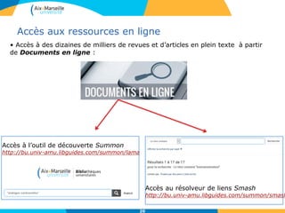 2020
Accès aux ressources en ligne
• Accès à des dizaines de milliers de revues et d’articles en plein texte à partir
de Documents en ligne :
Accès à l’outil de découverte Summon
http://bu.univ-amu.libguides.com/summon/lama
Accès au résolveur de liens Smash
http://bu.univ-amu.libguides.com/summon/smash
 