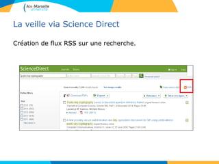 La veille via Science Direct
Création de flux RSS sur une recherche.
 