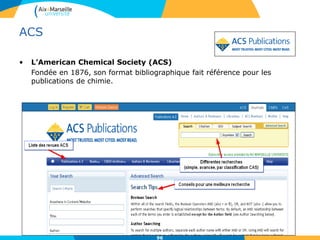 96
ACS
• L’American Chemical Society (ACS)
Fondée en 1876, son format bibliographique fait référence pour les
publications de chimie.
 