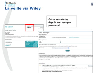 La veille via Wiley
57
Gérer ses alertes
depuis son compte
personnel
 