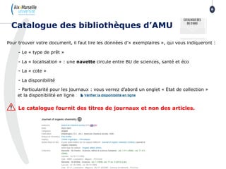Pour trouver votre document, il faut lire les données d’« exemplaires », qui vous indiqueront :
- Le « type de prêt »
- La « localisation » : une navette circule entre BU de sciences, santé et éco
- La « cote »
- La disponibilité
- Particularité pour les journaux : vous verrez d’abord un onglet « Etat de collection »
et la disponibilité en ligne :
Le catalogue fournit des titres de journaux et non des articles.
Catalogue des bibliothèques d’AMU
6
 