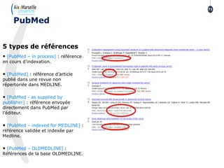 5 types de références
• [PubMed – in process] : référence
en cours d’indexation.
• [PubMed] : référence d’article
publié dans une revue non
répertoriée dans MEDLINE.
• [PubMed - as supplied by
publisher] : référence envoyée
directement dans PubMed par
l’éditeur.
• [PubMed – indexed for MEDLINE] :
référence validée et indexée par
Medline.
• [PubMed – OLDMEDLINE] :
Références de la base OLDMEDLINE.
71
PubMed
 