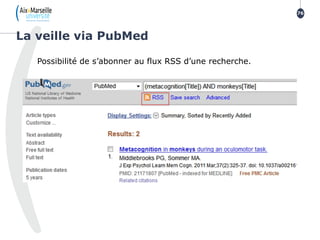 Possibilité de s’abonner au flux RSS d’une recherche.
La veille via PubMed
76
 