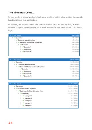 24
The Time Has Come…
In the sections above we have built up a working pattern for testing the search
functionality of our application.
Of course, we should rather like to execute our tests to ensure that, at their
current stage of development, all is well. Below are the basic IntelliJ test result
logs.
 