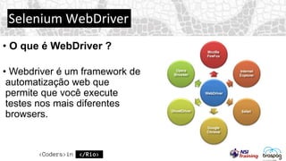 Selenium WebDriver
• O que é WebDriver ?
• Webdriver é um framework de
automatização web que
permite que você execute
testes nos mais diferentes
browsers.
 