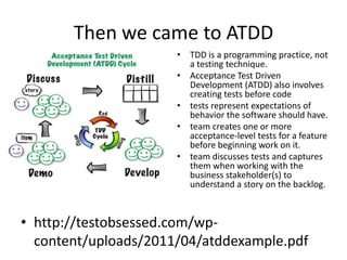 Then we came to ATDD
                      • TDD is a programming practice, not
                        a testing technique.
                      • Acceptance Test Driven
                        Development (ATDD) also involves
                        creating tests before code
                      • tests represent expectations of
                        behavior the software should have.
                      • team creates one or more
                        acceptance-level tests for a feature
                        before beginning work on it.
                      • team discusses tests and captures
                        them when working with the
                        business stakeholder(s) to
                        understand a story on the backlog.



• http://testobsessed.com/wp-
  content/uploads/2011/04/atddexample.pdf
 