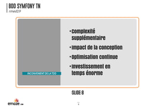BDD SYMFONY TN
rmed19
SLIDE 8
8
•
•
•
•
Complexité
supplémentaire
Impact de la conception
Optimisation continue
Investissement en
temps énormeINCONVENIENTDELATDD
 
