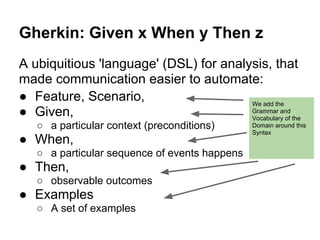 Gherkin: Given x When y Then z
A ubiquitious 'language' (DSL) for analysis, that
made communication easier to automate:
● Feature, Scenario,
● Given,
○ a particular context (preconditions)
● When,
○ a particular sequence of events happens
● Then,
○ observable outcomes
● Examples
○ A set of examples
We add the
Grammar and
Vocabulary of the
Domain around this
Syntax
 
