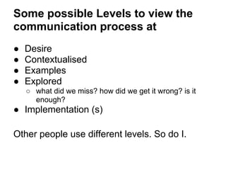 Some possible Levels to view the
communication process at
● Desire
● Contextualised
● Examples
● Explored
○ what did we miss? how did we get it wrong? is it
enough?
● Implementation (s)
Other people use different levels. So do I.
 