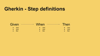 Gherkin - Step definitions
Given When Then
● And
● And
● But
● And
● And
● But
● And
● And
● But
 
