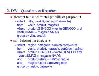 2. DW - Questions et Requêtes
   Montant totale des ventes par ville et par produit
    » select ville, produit, sum(qte*prixvente)
      from   vente, produit, magasin
      where produit.GENCOD = vente.GENCOD and
      vente.NMAG = magasin.NMAG
      group by ville, produit
   par région et par catégorie
    » select region, categorie, sum(qte*prixvente)
      from    vente, produit, magasin, dep2reg, nat2cat
      where produit.GENCOD = vente.GENCOD and
        vente.NMAG = magasin.NMAG
      and     produit.nature = nat2cat.nature
      and     magasin.dept = dep2reg.dept
      group by region, categorie
                                                        292929
                                                           <#>
 