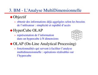 3. BM - L'Analyse MultiDimensionnelle
  Objectif
  » obtenir des informations déjà aggrégées selon les besoins
    de l’utilisateur : simplicité et rapidité d’accès
  HyperCube OLAP
  » représentation de l’information
    dans un hypercube à N dimensions
  OLAP (On-Line Analytical Processing)
  » fonctionnalités qui servent à faciliter l’analyse
    multidimensionnelle : opérations réalisables sur
    l’hypercube


                                                          323232
                                                             <#>
 