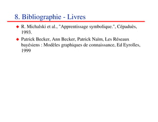 8. Bibliographie - Livres
  R. Michalski et al., "Apprentissage symbolique.", Cépaduès,
  1993.
  Patrick Becker, Ann Becker, Patrick Naïm, Les Réseaux
  bayésiens : Modèles graphiques de connaissance, Ed Eyrolles,
  1999




                                                         878787
                                                            <#>
 