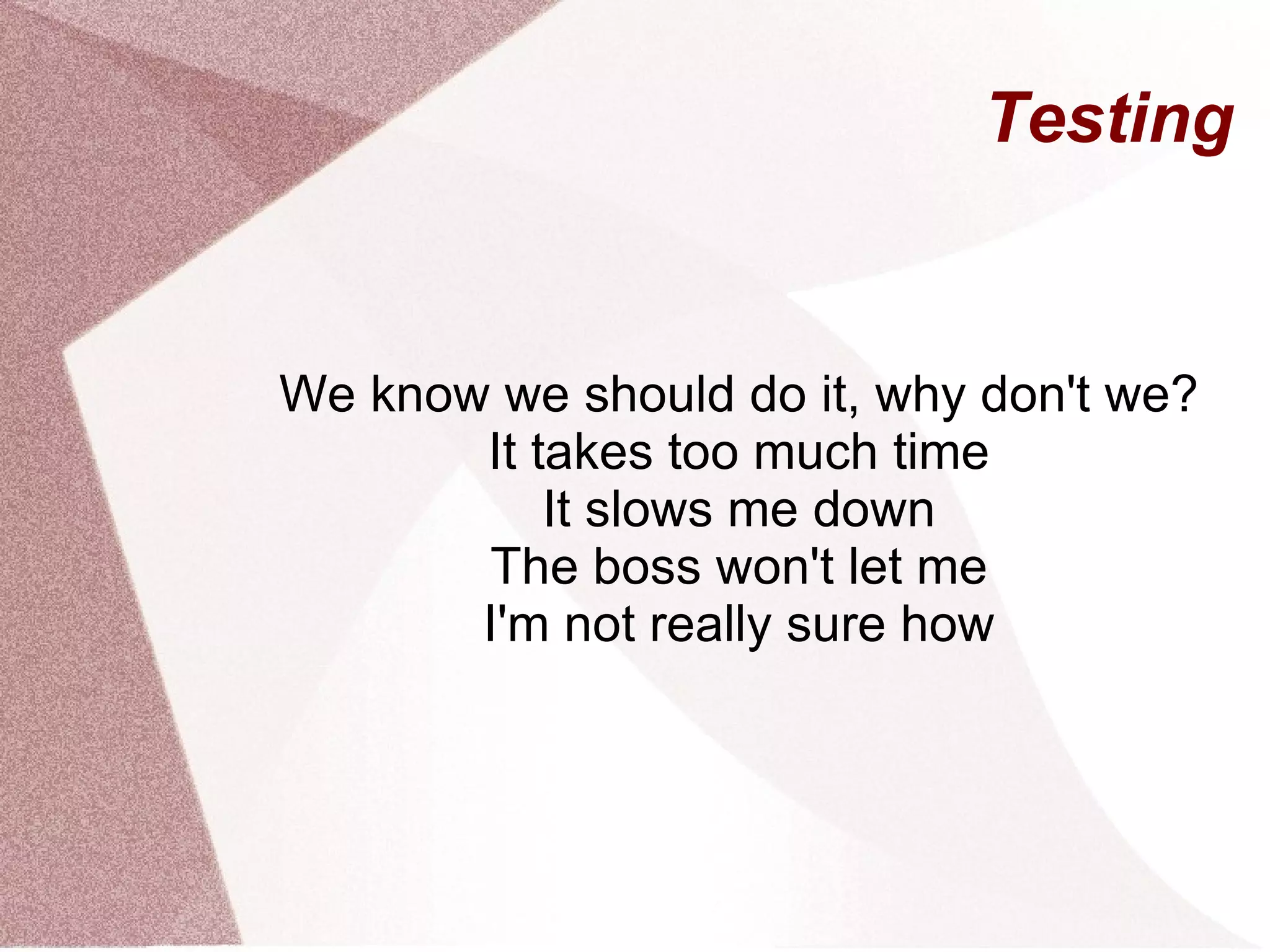 Testing We know we should do it, why don't we? It takes too much time 