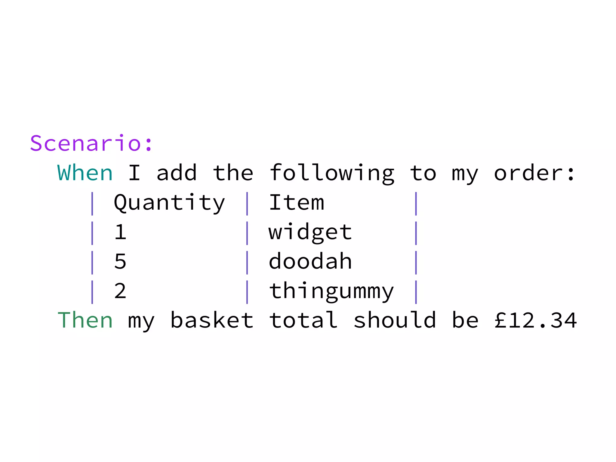 Scenario:
  When I add the   following to my order:
    | Quantity |   Item      |
    | 1        |   widget    |
    | 5        |   doodah    |
    | 2        |   thingummy |
  Then my basket   total should be £12.34
 