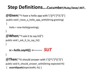 Step Definitions...Cucumber/Ruby/Java/.NET..
@Given("^I have a hello app with "([^"]*)"$")
public void I_have_a_hello_app_with(String greeting)
{
hello = new Hello(greeting);
}
@When("^I ask it to say hi$")
public void I_ask_it_to_say_hi()
{
hi = hello.sayHi(); <--------- SUT
}
@Then("^it should answer with "([^"]*)"$")
public void it_should_answer_with(String expected Hi)
{ assertEquals(expectedHi, hi); }
 