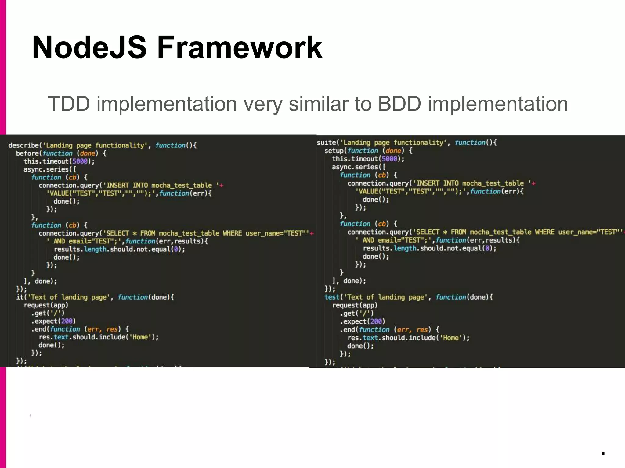 NodeJS Framework
.
TDD implementation very similar to BDD implementation
 