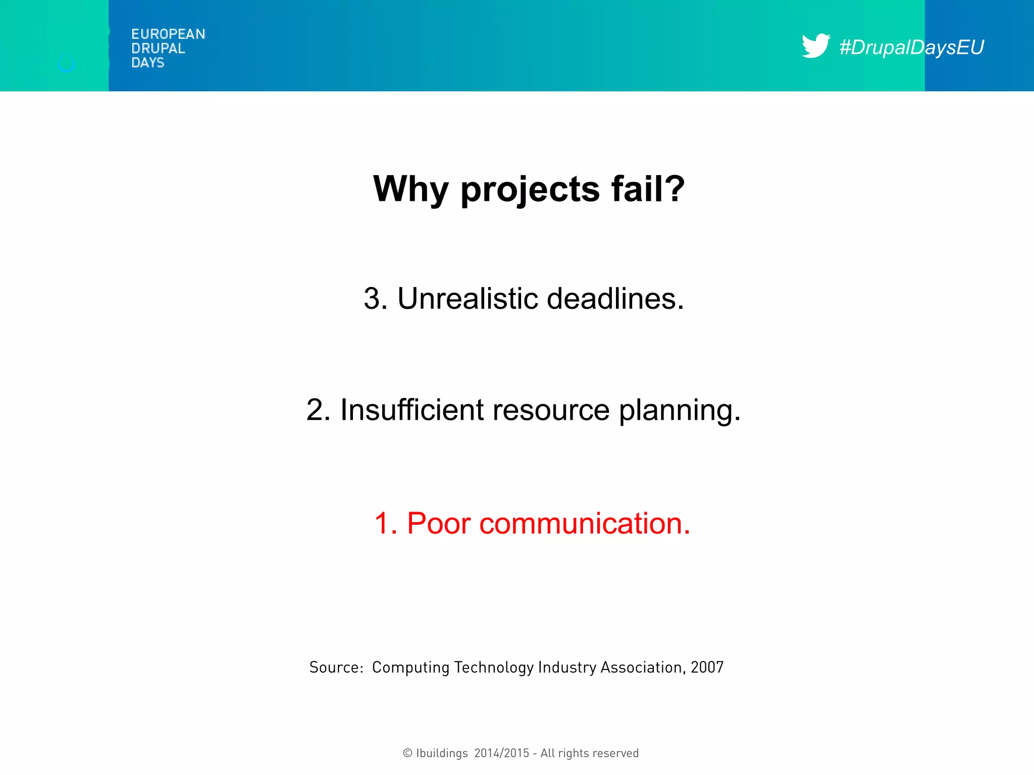 #DrupalDaysEU
© Ibuildings 2014/2015 - All rights reserved
Why projects fail?
3. Unrealistic deadlines.
2. Insufficient resource planning.
1. Poor communication.
Source: Computing Technology Industry Association, 2007
 