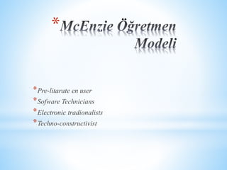 * 
*Pre-litarate en user 
*Sofware Technicians 
*Electronic tradionalists 
*Techno-constructivist 
 