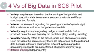 4 Vs of Big Data in SC6 Pilot
 Variety: requirement based on the harvesting of budget data and
budget execution data from several sources, available in different
structures and formats.
 Volume: requirement regarding the growing amount of open budget
data available as well as of budget execution data
 Velocity: requirements regarding budget execution data that is
provided on continuous basis by the publisher (daily, weekly, monthly).
 Veracity: Veracity refers to the biases, noise and abnormality in data.
Even for within the same country there are differences on the published
data because often are coming from different systems or public
accounting standards are not enforced absolutely uniformly (e.g.
different municipal departments) 26-oct.-16www.big-data-europe.eu
 
