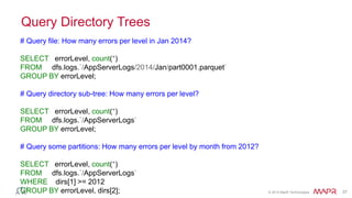 © 2014 MapR Technologies 37 
Query Directory Trees 
# Query file: How many errors per level in Jan 2014? 
SELECT errorLevel, count(*) 
FROM dfs.logs.`/AppServerLogs/2014/Jan/part0001.parquet` 
GROUP BY errorLevel; 
# Query directory sub-tree: How many errors per level? 
SELECT errorLevel, count(*) 
FROM dfs.logs.`/AppServerLogs` 
GROUP BY errorLevel; 
# Query some partitions: How many errors per level by month from 2012? 
SELECT errorLevel, count(*) 
FROM dfs.logs.`/AppServerLogs` 
WHERE dirs[1] >= 2012 
GROUP BY errorLevel, dirs[2]; 
 