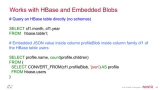 © 2014 MapR Technologies 38 
Works with HBase and Embedded Blobs 
# Query an HBase table directly (no schemas) 
SELECT cf1.month, cf1.year 
FROM hbase.table1; 
# Embedded JSON value inside column profileBlob inside column family cf1 of 
the HBase table users 
SELECT profile.name, count(profile.children) 
FROM ( 
SELECT CONVERT_FROM(cf1.profileBlob, 'json') AS profile 
FROM hbase.users 
) 
 