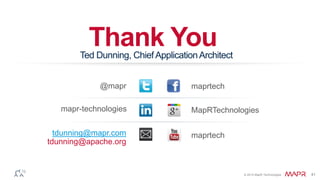 © 2014 MapR Technologies 41 
Thank You 
Ted Dunning, Chief Application Architect 
@mapr maprtech 
tdunning@mapr.com 
tdunning@apache.org 
MapRTechnologies 
maprtech 
mapr-technologies 
