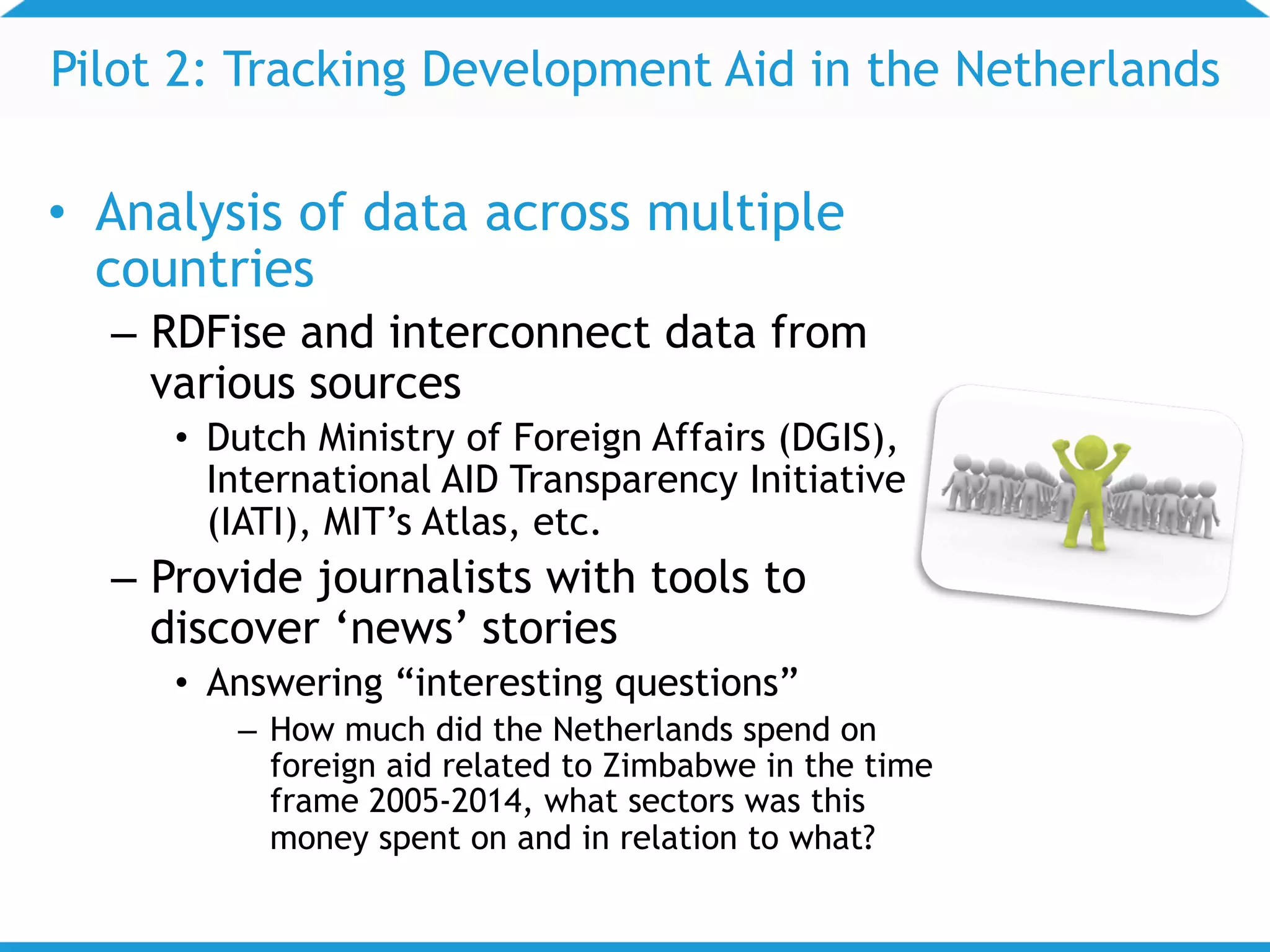 Pilot 2: Tracking Development Aid in the Netherlands
• Analysis of data across multiple
countries
– RDFise and interconnect data from
various sources
• Dutch Ministry of Foreign Affairs (DGIS),
International AID Transparency Initiative
(IATI), MIT’s Atlas, etc.
– Provide journalists with tools to
discover ‘news’ stories
• Answering “interesting questions”
– How much did the Netherlands spend on
foreign aid related to Zimbabwe in the time
frame 2005-2014, what sectors was this
money spent on and in relation to what?