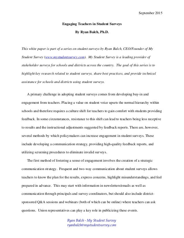 Engaging Teachers In Student Surveys White Paper For September 2015 - 