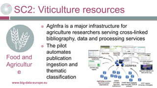 SC2: Viticulture resources
29/11/2017www.big-data-europe.eu
Food and
Agricultur
e
 AgInfra is a major infrastructure for
agriculture researchers serving cross-linked
bibliography, data and processing services
 The pilot
automates
publication
ingestion and
thematic
classification
 