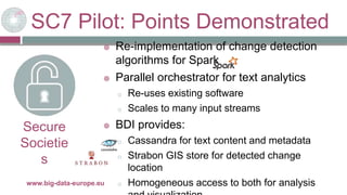 SC7 Pilot: Points Demonstrated
www.big-data-europe.eu
Secure
Societie
s
 Re-implementation of change detection
algorithms for Spark
 Parallel orchestrator for text analytics
o Re-uses existing software
o Scales to many input streams
 BDI provides:
o Cassandra for text content and metadata
o Strabon GIS store for detected change
location
o Homogeneous access to both for analysis
 